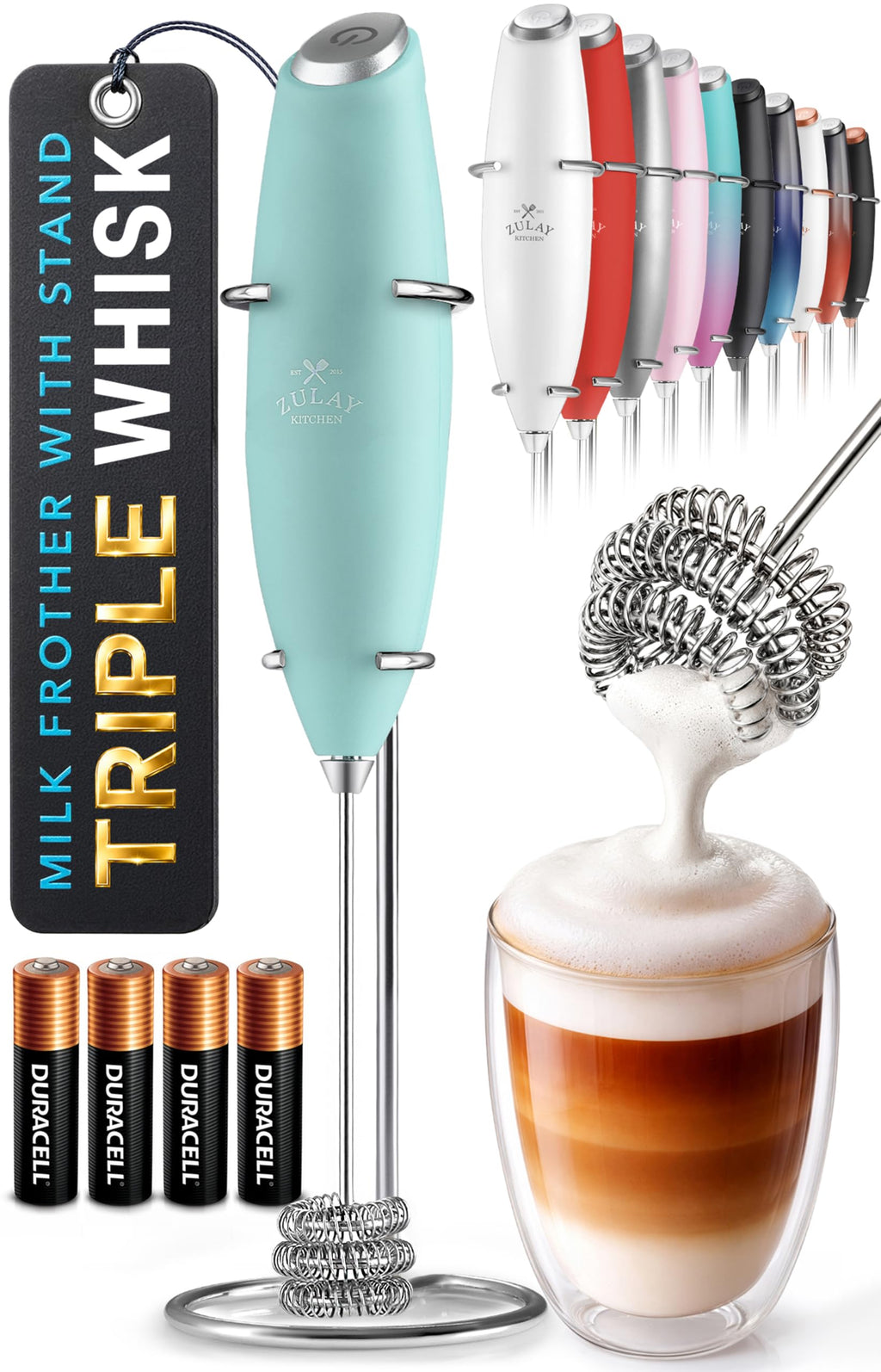 Zulay Kitchen Milk Frother Handheld - Mini Frother Wand, Milk Mixer, Drink Whisk for Coffee, Matcha Essentials & More, Stick Frother for Protein Shakes, Froster Mixer - AA Batteries Included - Black