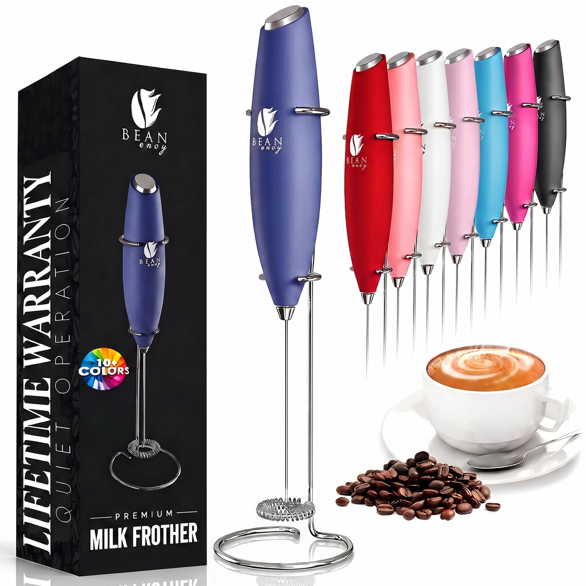 Bean Envy Milk Frother Handheld - Coffee Mixer Wand with Stand - Black