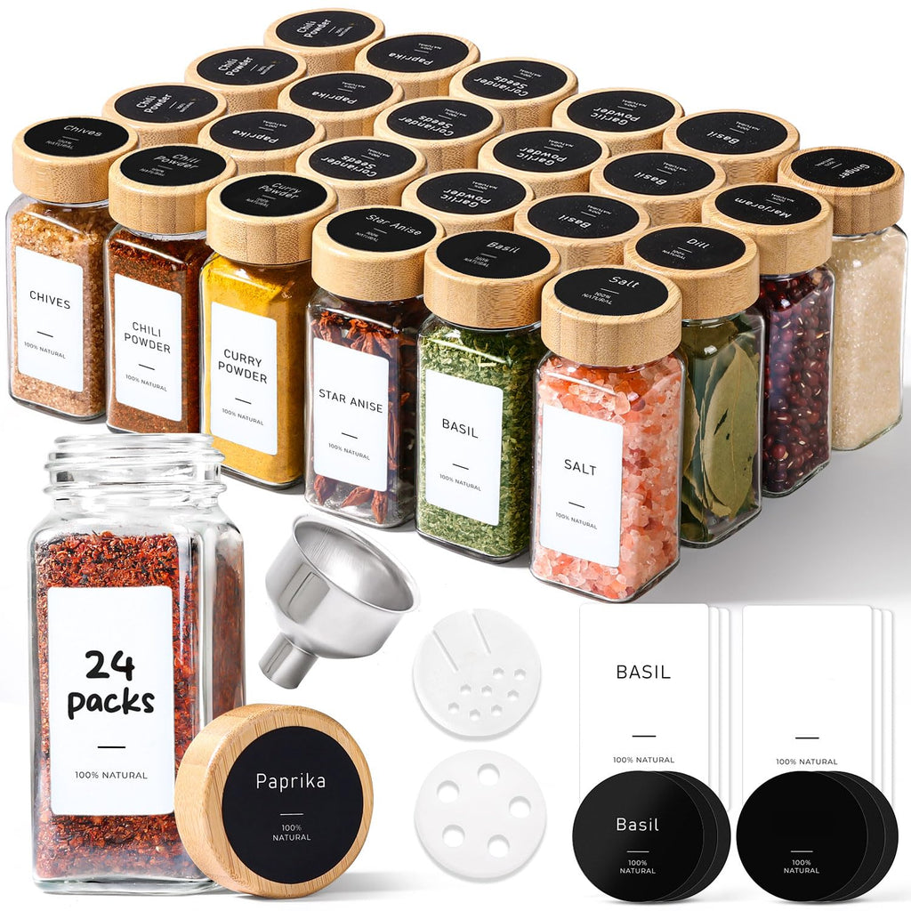 ComSaf Glass Spice Jars with with Labels 4 oz 24 Pack Small Square Bulk Set