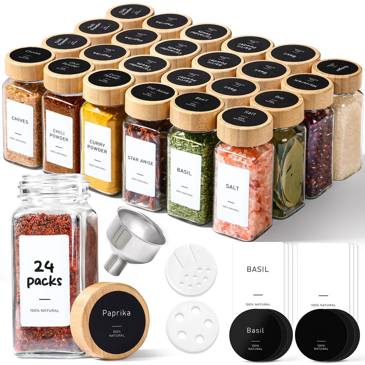 ComSaf Glass Spice Jars with with Labels 4 oz 24 Pack Small Square Bulk Set