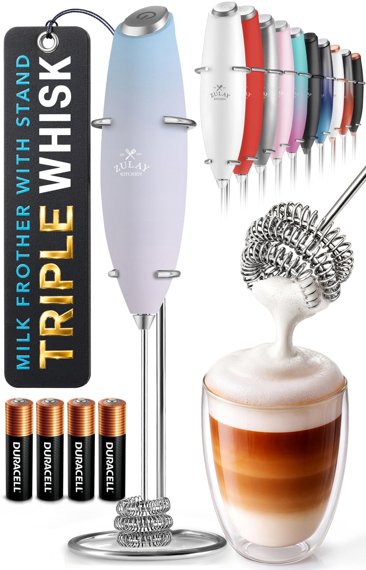 Zulay Kitchen Powerful Milk Frother Wand With Duracell Batteries - Ultra Fast Handheld Drink Mixer - Electric Whisk Foam Maker for Coffee, Lattes, Cappuccino & Matcha - Z1 Motor - Black
