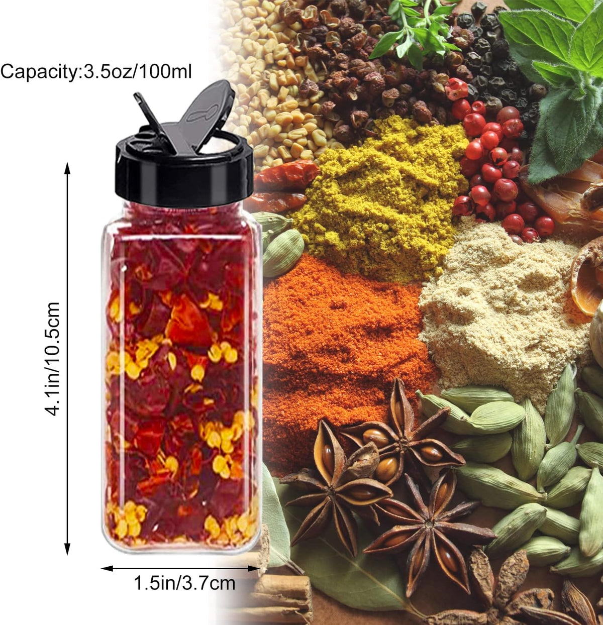 Tiaiidi 24 Pack 3.5 oz Square Plastic Spice Jars,Seasoning Containers with Black Screw Lids to Pour or Shake,Empty Storage Spice Containers for Spice,Powders,Peppers