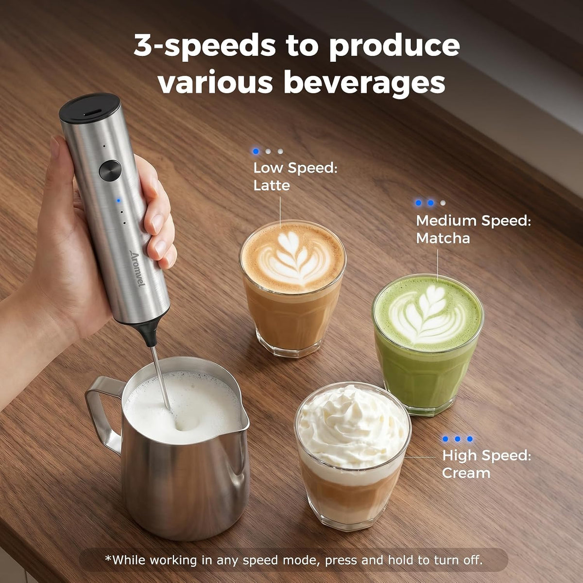 Rechargeable Milk Frother Handheld, 3 Speeds for Coffee, Latte
