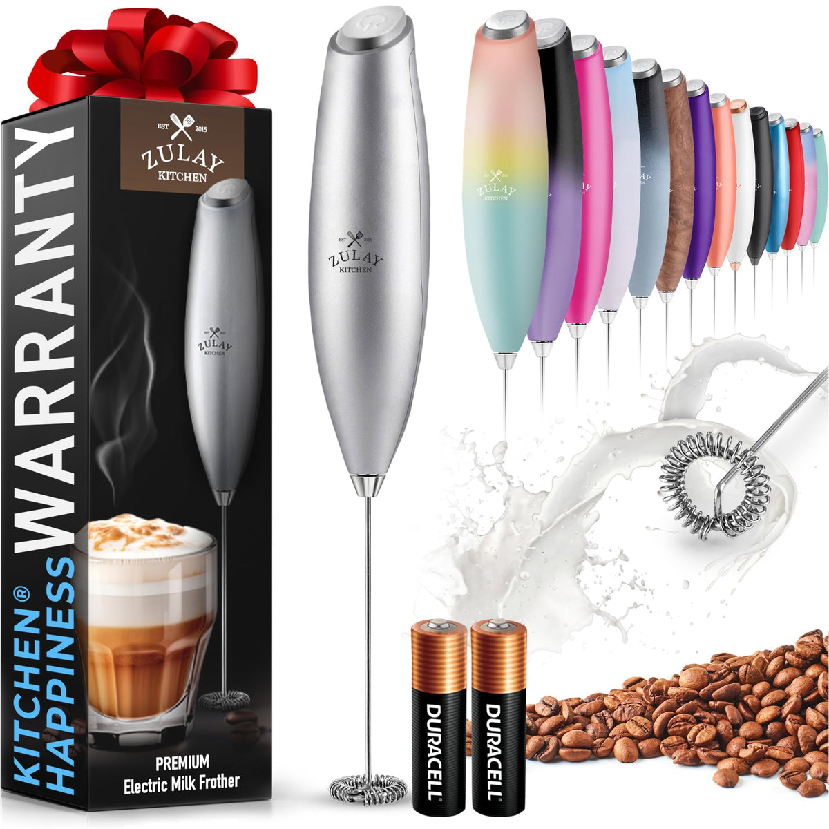 Zulay Kitchen Powerful Milk Frother Wand With Duracell Batteries - Ultra Fast Handheld Drink Mixer - Electric Whisk Foam Maker for Coffee, Lattes, Cappuccino & Matcha - Z1 Motor - Black