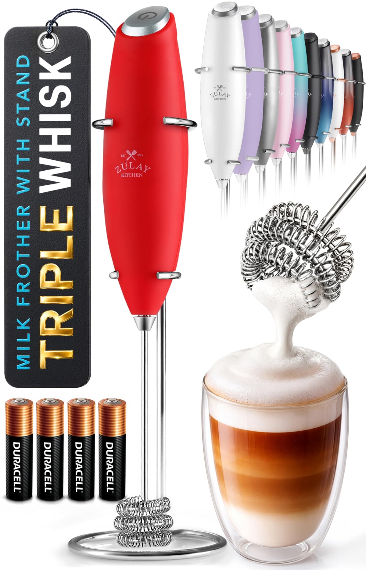Zulay Kitchen Powerful Milk Frother Wand With Duracell Batteries - Ultra Fast Handheld Drink Mixer - Electric Whisk Foam Maker for Coffee, Lattes, Cappuccino & Matcha - Z1 Motor - Black