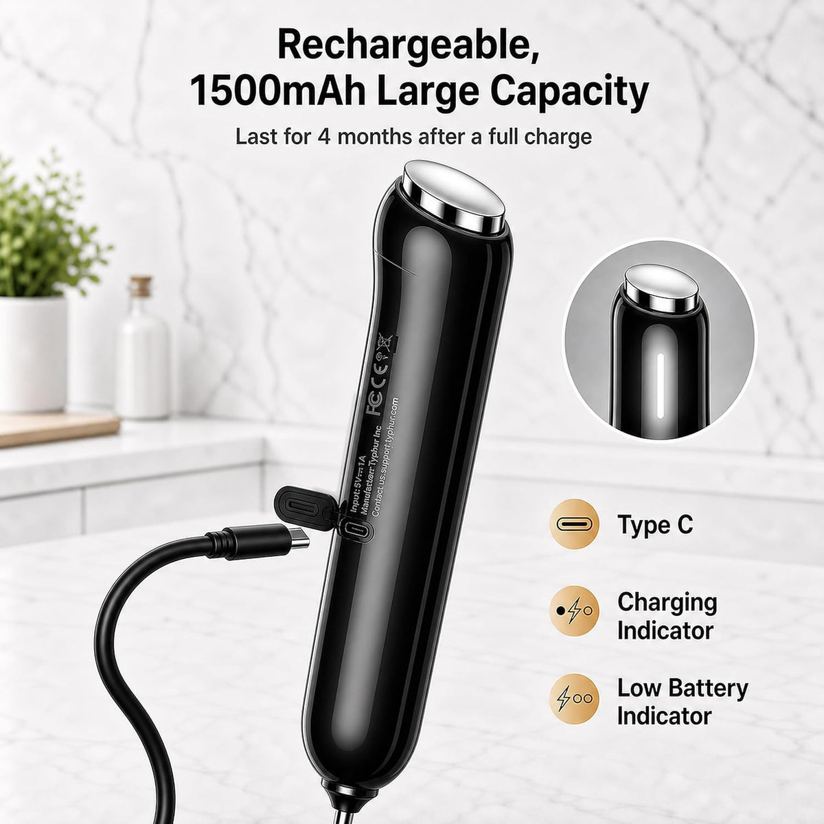 InstaWhisk Upgraded Milk Frother with Variable Speed - Rechargeable Handheld Coffee Frother Wand with Detachable Whisks, Electric Drink Mixer for Latte, Cappuccino, Matcha, Almond Milk, Protein, Black