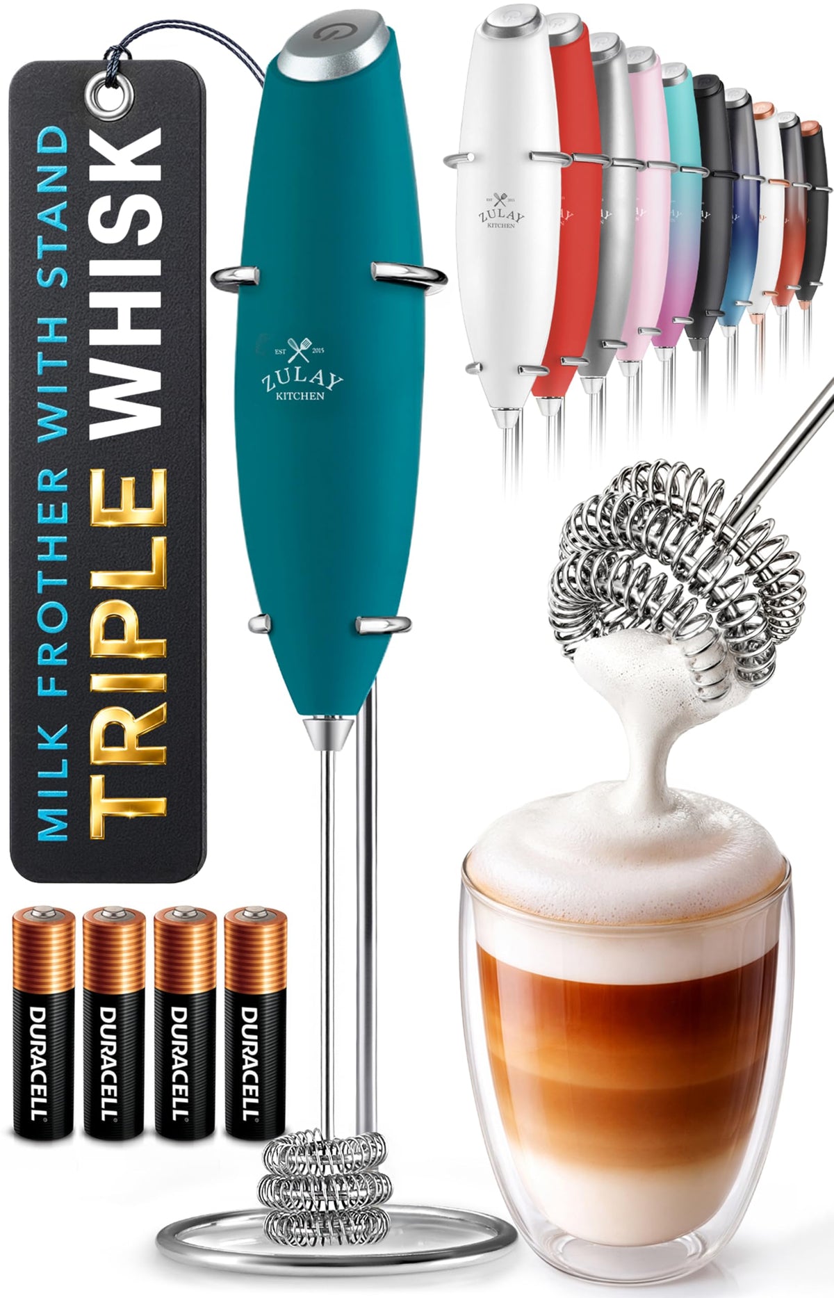 Zulay Kitchen Milk Frother Handheld - Mini Frother Wand, Milk Mixer, Drink Whisk for Coffee, Matcha Essentials & More, Stick Frother for Protein Shakes, Froster Mixer - AA Batteries Included - Black