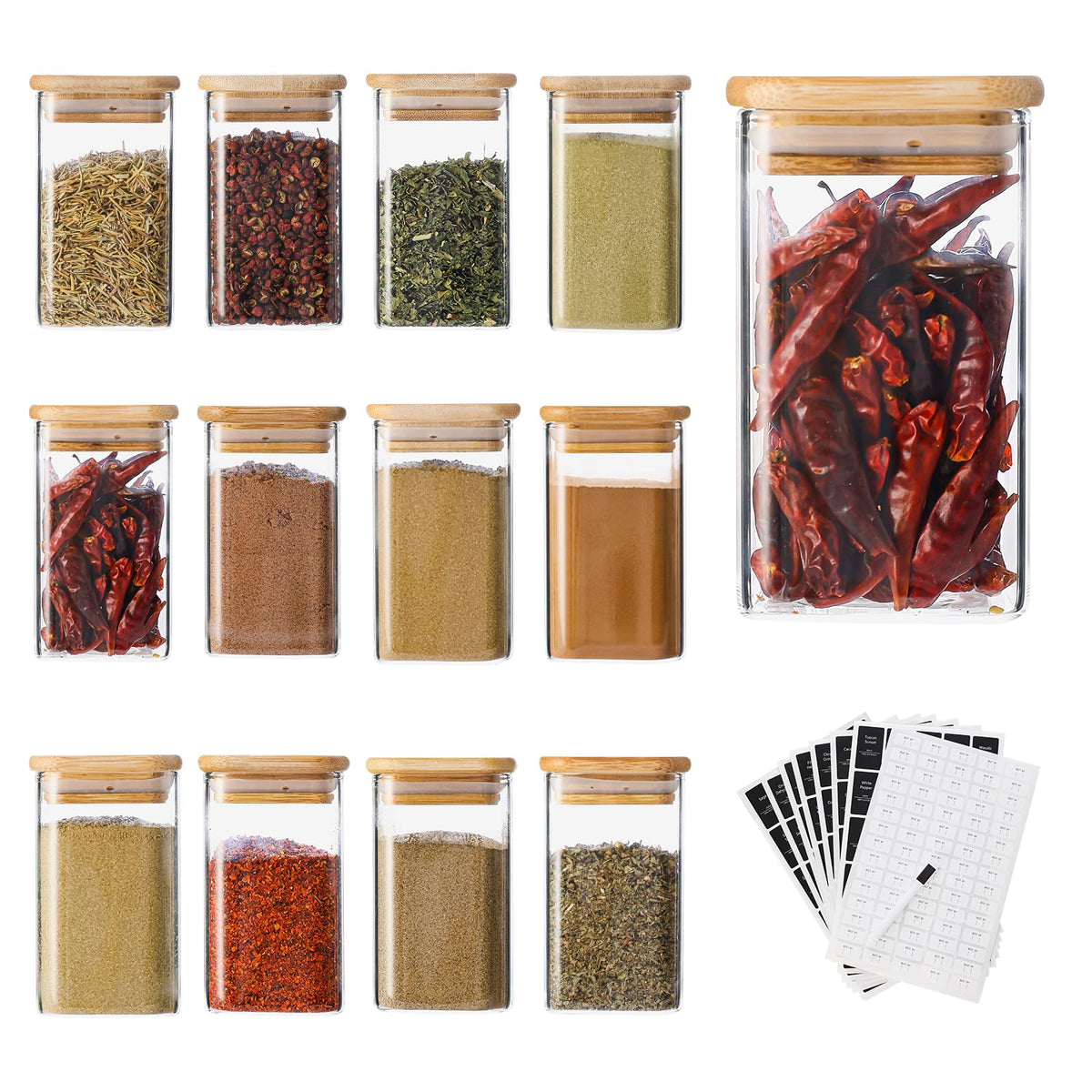 12Pcs 9oz Spice Jars Glass Container with 275 Labels, Airtight Seasoning Empty Organizer with Bamboo Lid Set for Food Storage, Salt, Sugar