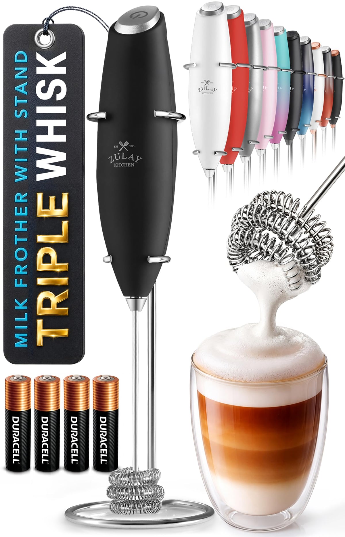 Zulay Kitchen Powerful Milk Frother Wand With Duracell Batteries - Ultra Fast Handheld Drink Mixer - Electric Whisk Foam Maker for Coffee, Lattes, Cappuccino & Matcha - Z1 Motor - Black