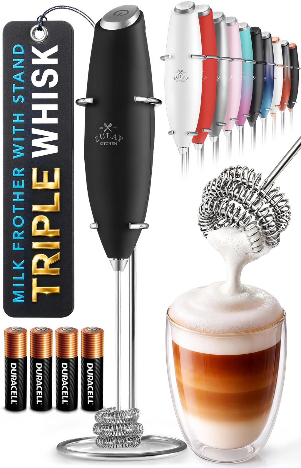 Zulay Kitchen Milk Frother Handheld Electric Whisk – Frother Wand, Durable Drink Mixer, Coffee Frother, Hand Blender, Frother for Protein Powder, Matcha & More - Black