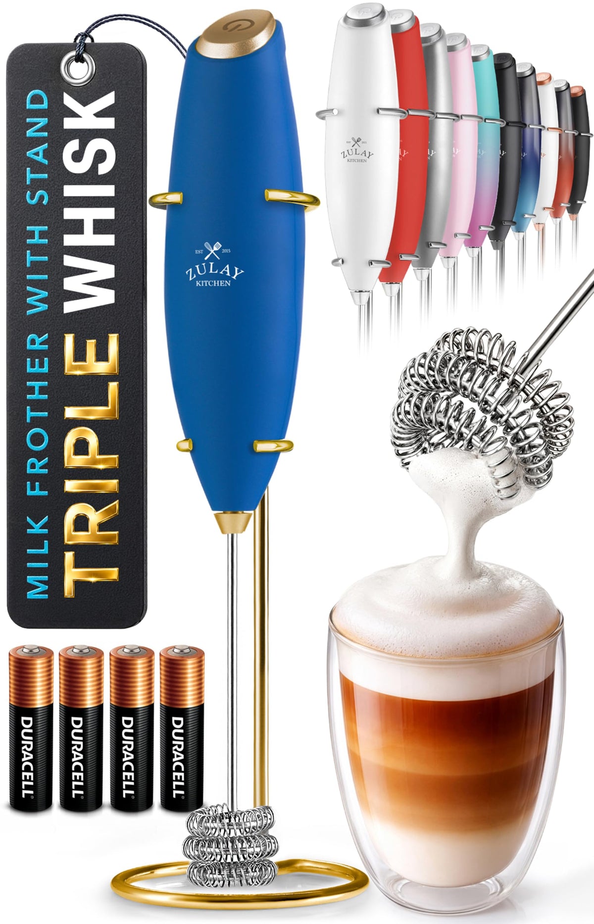 Zulay Kitchen Rechargeable Milk Frother Handheld - Frother Wand, Drink Mixer, Electric Whisk Frother, for Cappuccinos, Matcha & Protein Powder - Dynamic 3 Whisk, 3 Speed 500mAh Black