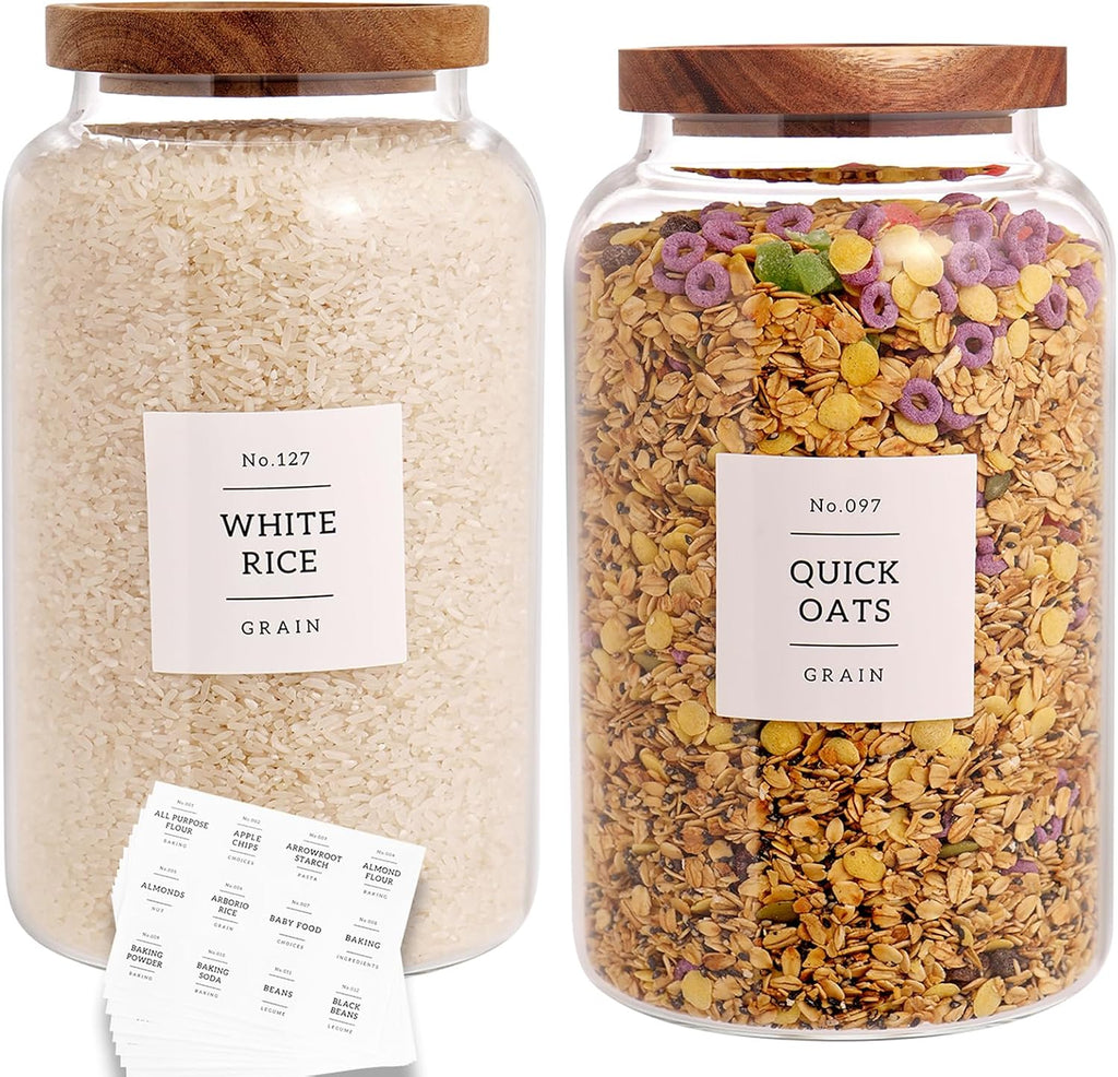 CZHQSMZ Set of 2 Large Glass Jar with Airtight Acacia Lid and 132 Kitchen Pantry Labels, Clear Glass Food Storage Jars Containers for Rice Flour Pasta Sugar Coffee Cookie and More(98 Fl Oz/2800 Ml)