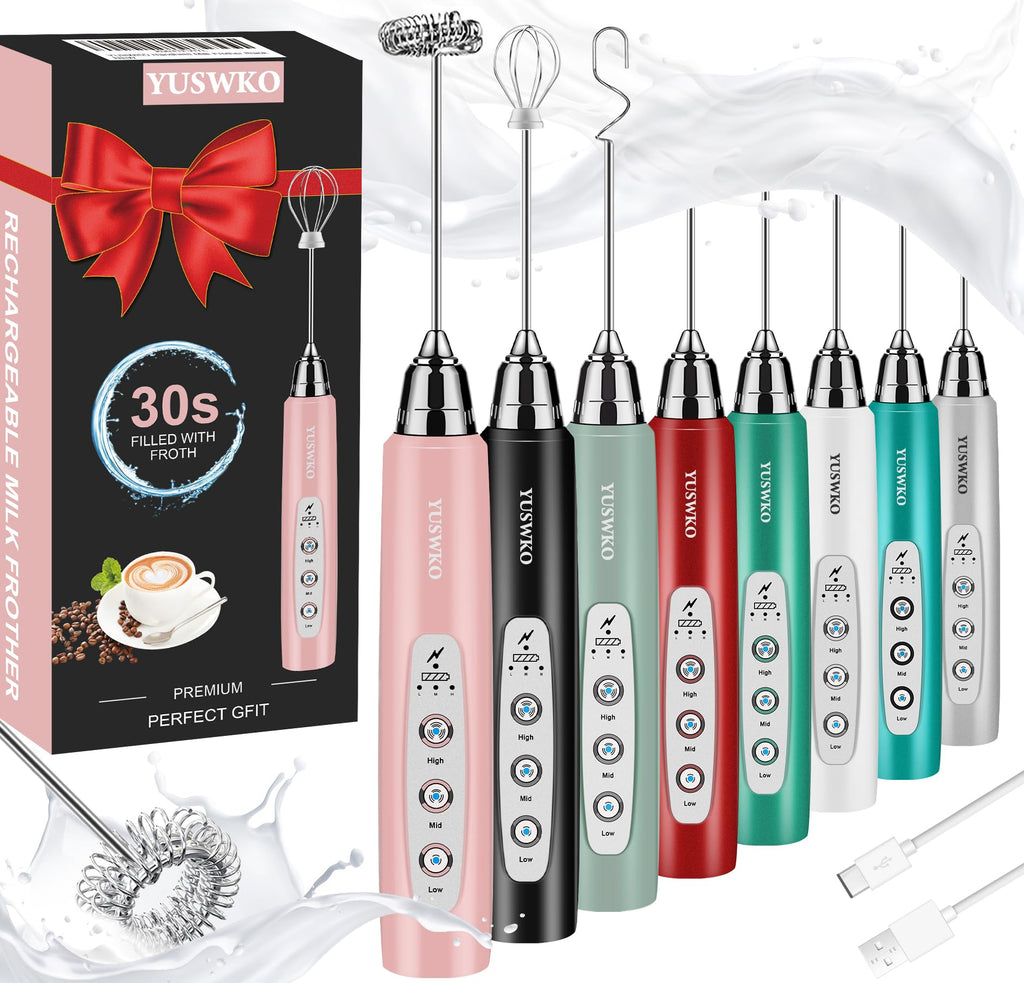 YUSWKO Handheld Milk Frother Wand for Coffee, Rechargeable Electric Whisk