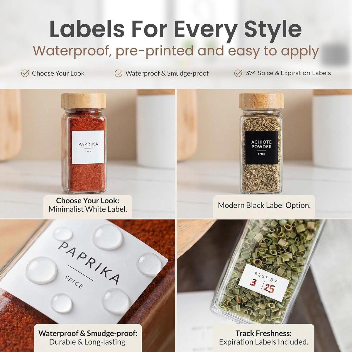 SAVVY & SORTED Glass Spice Jars with Label, 24PK Bamboo Jar Spices Set 4oz, 374 Spice Labels, Pepper Grinder, Empty Herb Seasoning Containers, Funnel and Shaker Lids