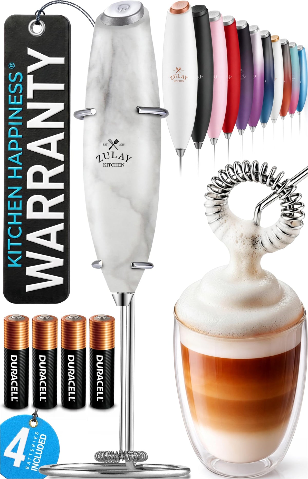 Zulay Kitchen Milk Frother Handheld - Mini Frother Wand, Milk Mixer, Drink Whisk for Coffee, Matcha Essentials & More, Stick Frother for Protein Shakes, Froster Mixer - AA Batteries Included - Black