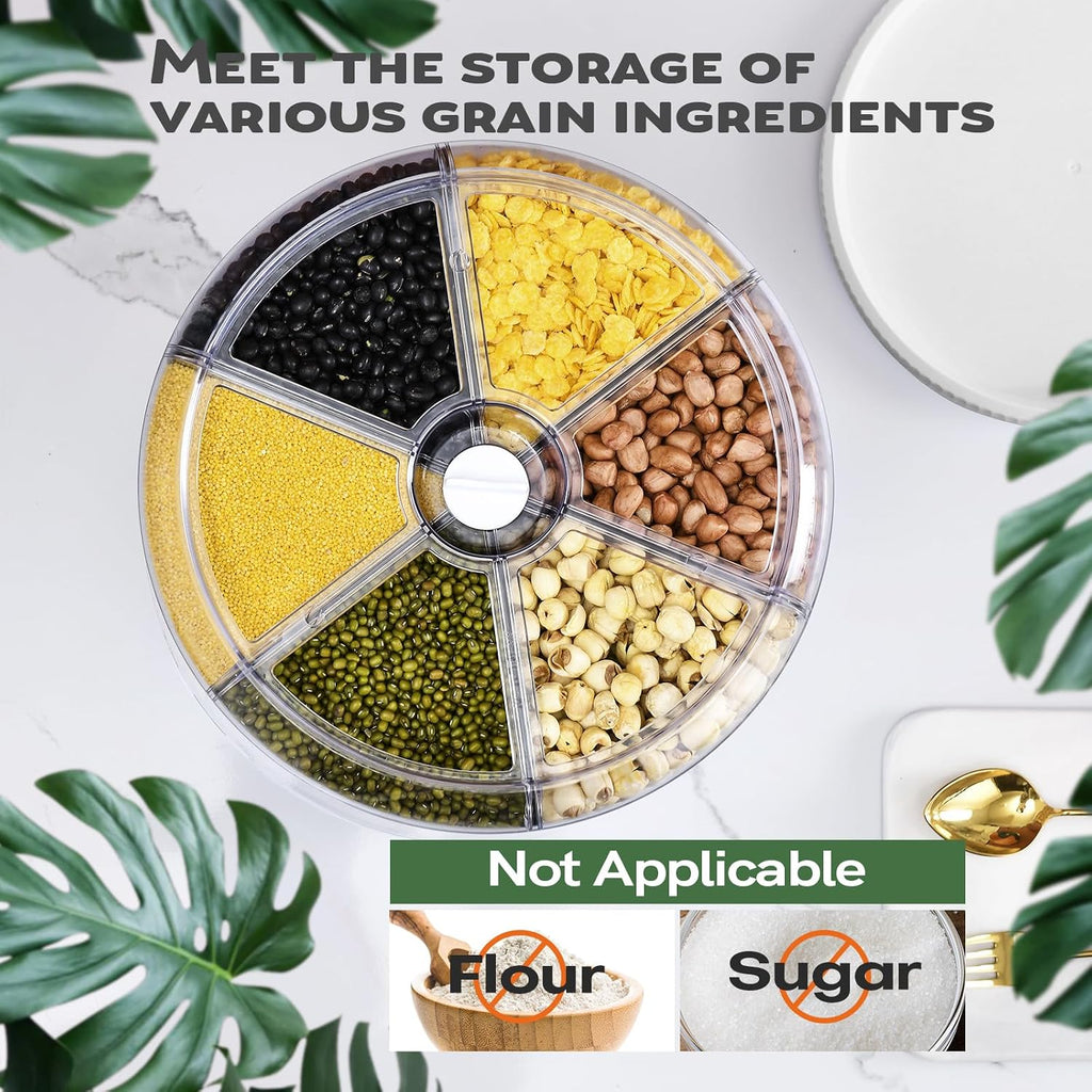 Grain Dispenser, 360° Rotating Grain Storage, 6 Grid Food Dispenser