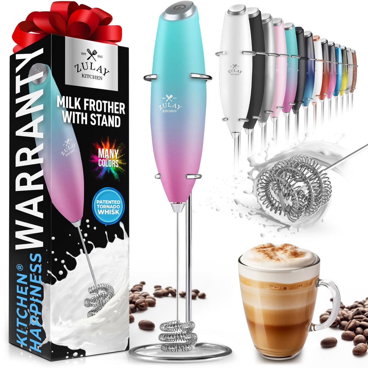 Zulay Rechargeable Milk Frother – 3-in-1 Handheld Frother Wand with Travel Case & USB-C Charger – Single, Double & Egg Whisk for Latte, Cappuccino, Matcha, Protein Shakes - Froth N Go Deep Black