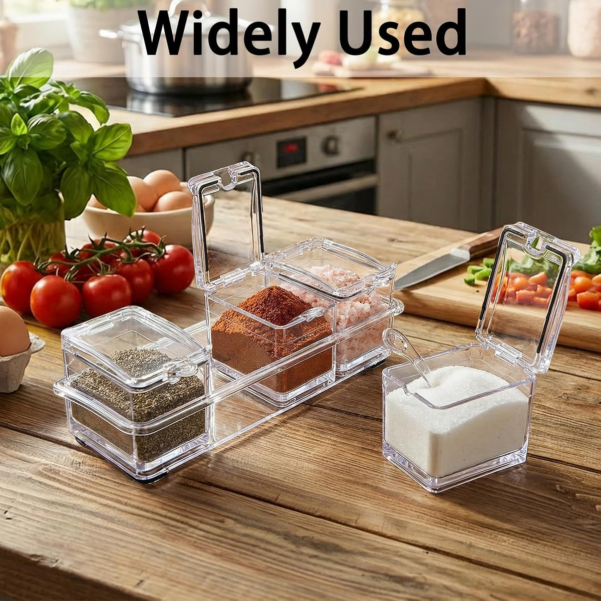 Yesland Clear Seasoning Rack Spice Pots - 4 Piece Storage Container Condiment Jars - Acrylic Seasoning Box, Cruet with Cover and Spoon