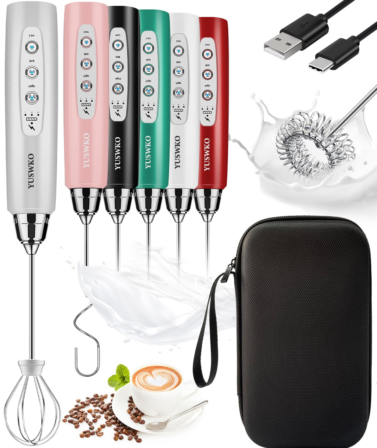 YUSWKO Handheld Milk Frother Wand for Coffee, Rechargeable Electric Whisk