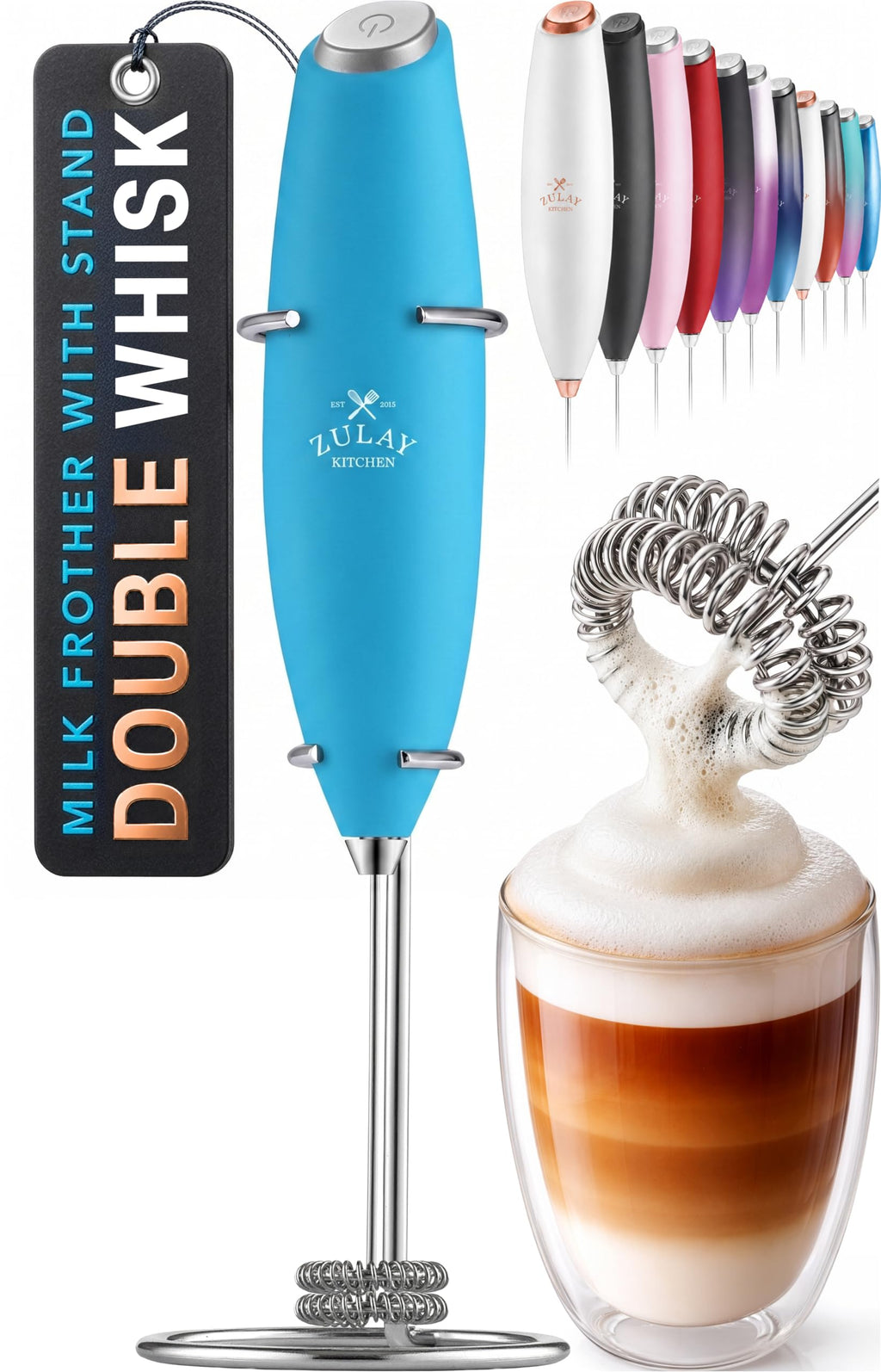 Zulay Rechargeable Milk Frother – 3-in-1 Handheld Frother Wand with Travel Case & USB-C Charger – Single, Double & Egg Whisk for Latte, Cappuccino, Matcha, Protein Shakes - Froth N Go Deep Black