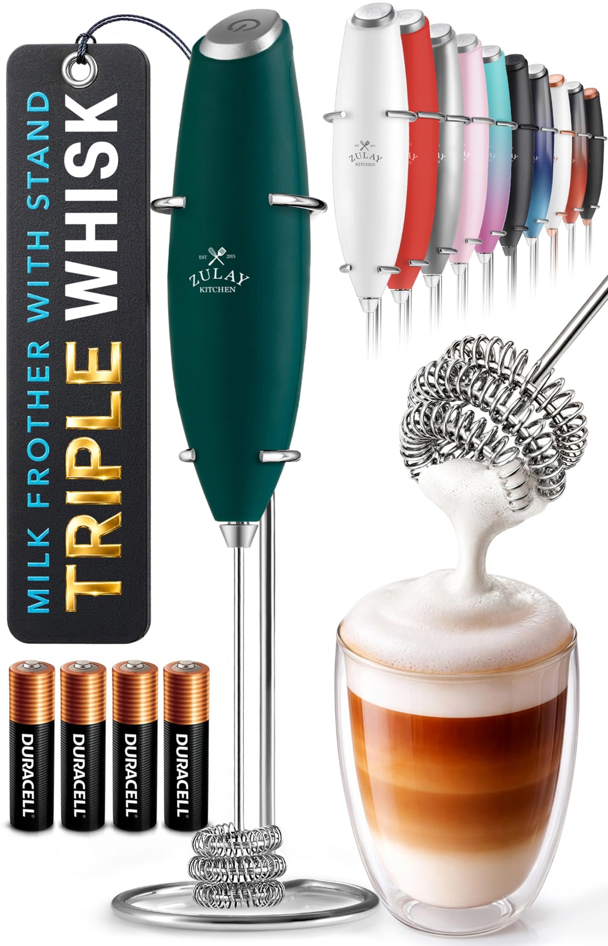 Zulay Kitchen Powerful Milk Frother Wand With Duracell Batteries - Ultra Fast Handheld Drink Mixer - Electric Whisk Foam Maker for Coffee, Lattes, Cappuccino & Matcha - Triple Whisk - Black
