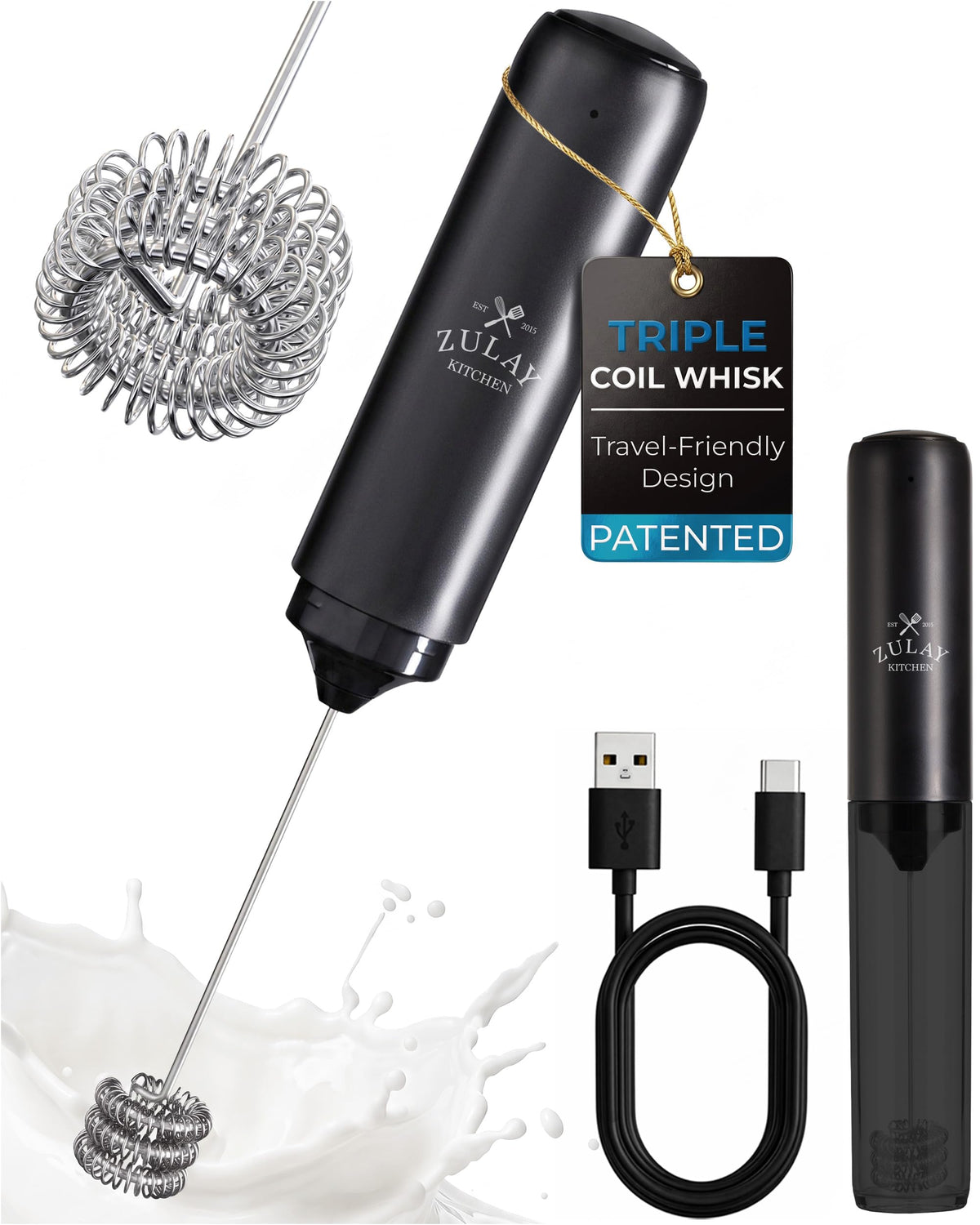 Zulay Kitchen Powerful Milk Frother Wand With Duracell Batteries - Ultra Fast Handheld Drink Mixer - Electric Whisk Foam Maker for Coffee, Lattes, Cappuccino & Matcha - Triple Whisk - Black