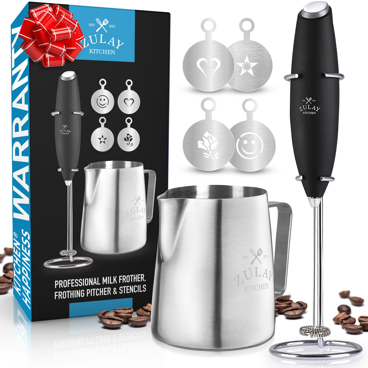 Zulay Rechargeable Milk Frother – 3-in-1 Handheld Frother Wand with Travel Case & USB-C Charger – Single, Double & Egg Whisk for Latte, Cappuccino, Matcha, Protein Shakes - Froth N Go Deep Black