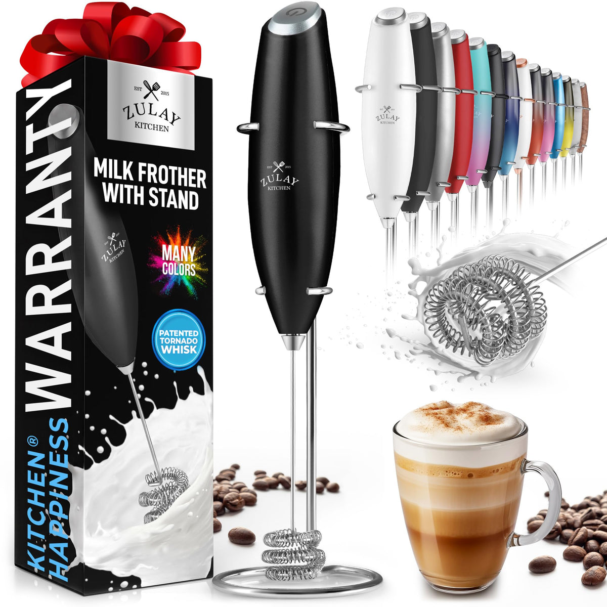 Zulay Rechargeable Milk Frother – 3-in-1 Handheld Frother Wand with Travel Case & USB-C Charger – Single, Double & Egg Whisk for Latte, Cappuccino, Matcha, Protein Shakes - Froth N Go Deep Black