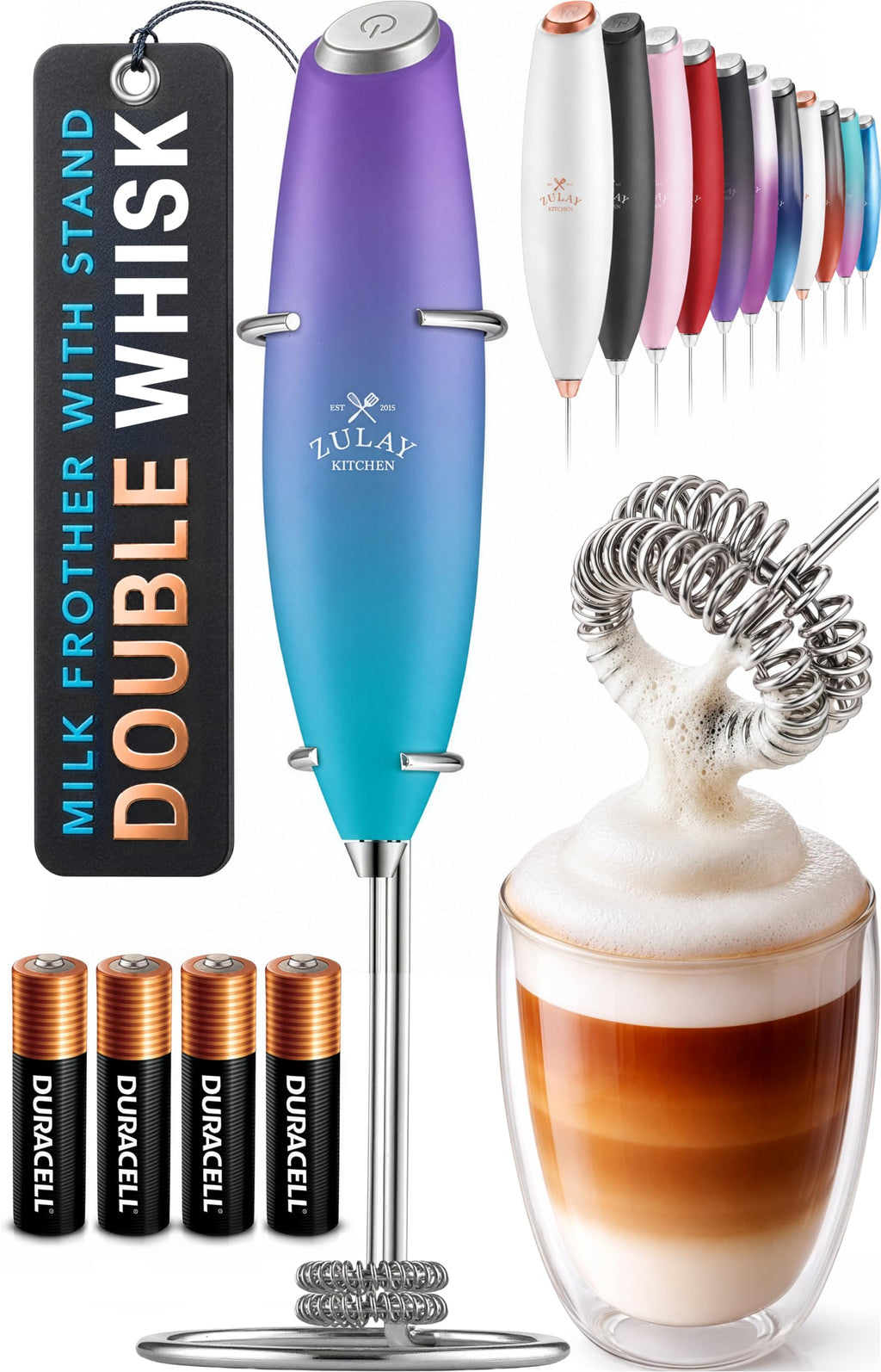 Zulay Kitchen Milk Frother Handheld Electric Whisk – Frother Wand, Durable Drink Mixer, Coffee Frother, Hand Blender, Frother for Protein Powder, Matcha & More - Black