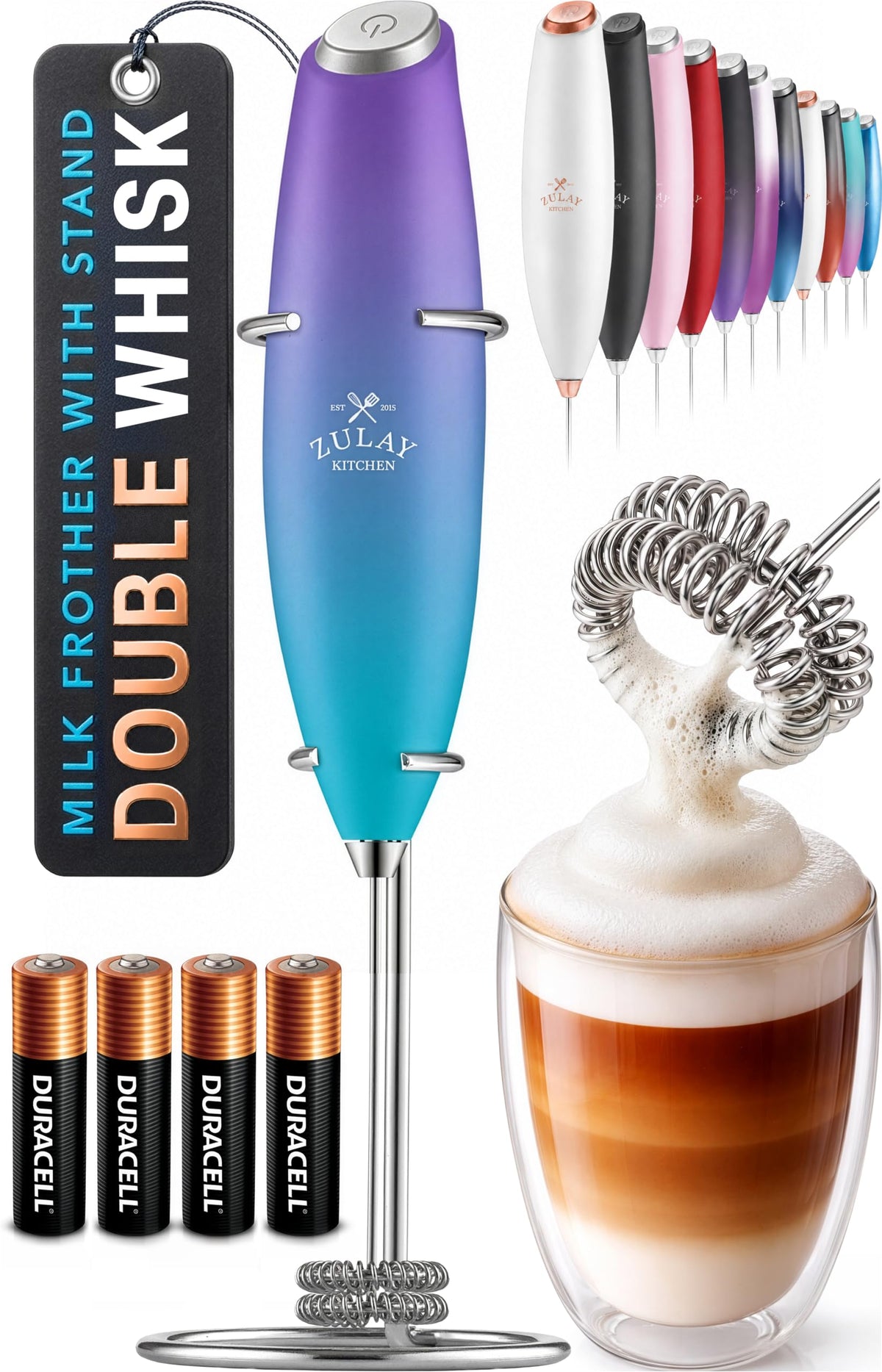 Zulay Kitchen Powerful Milk Frother Wand With Duracell Batteries - Ultra Fast Handheld Drink Mixer - Electric Whisk Foam Maker for Coffee, Lattes, Cappuccino & Matcha - Z1 Motor - Black