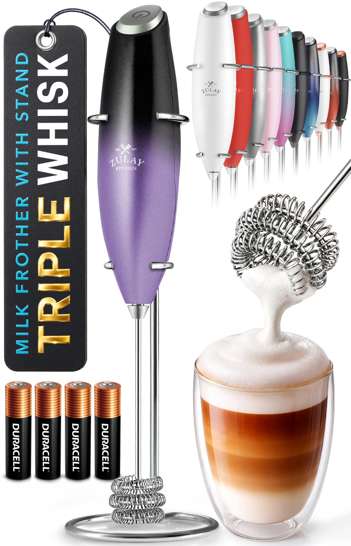 Zulay Kitchen Powerful Milk Frother Wand With Duracell Batteries - Ultra Fast Handheld Drink Mixer - Electric Whisk Foam Maker for Coffee, Lattes, Cappuccino & Matcha - Z1 Motor - Black