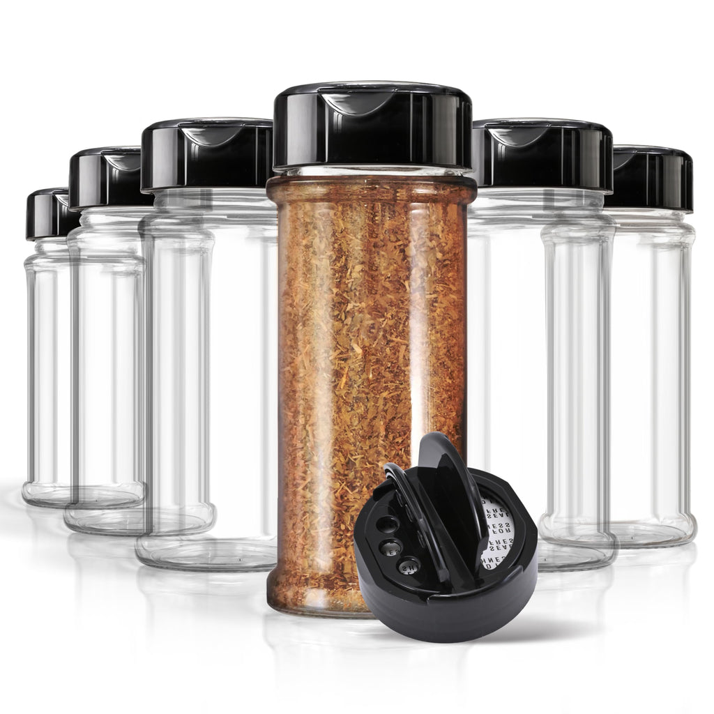 6 Pack 32 oz Plastic Spice Jars, Empty Seasoning Containers for Homemade Rub, Spices, Glitter, and More, Small Spice Containers with Black Shaker Lids and Heat-Induction Liner, Clear Spice Jars