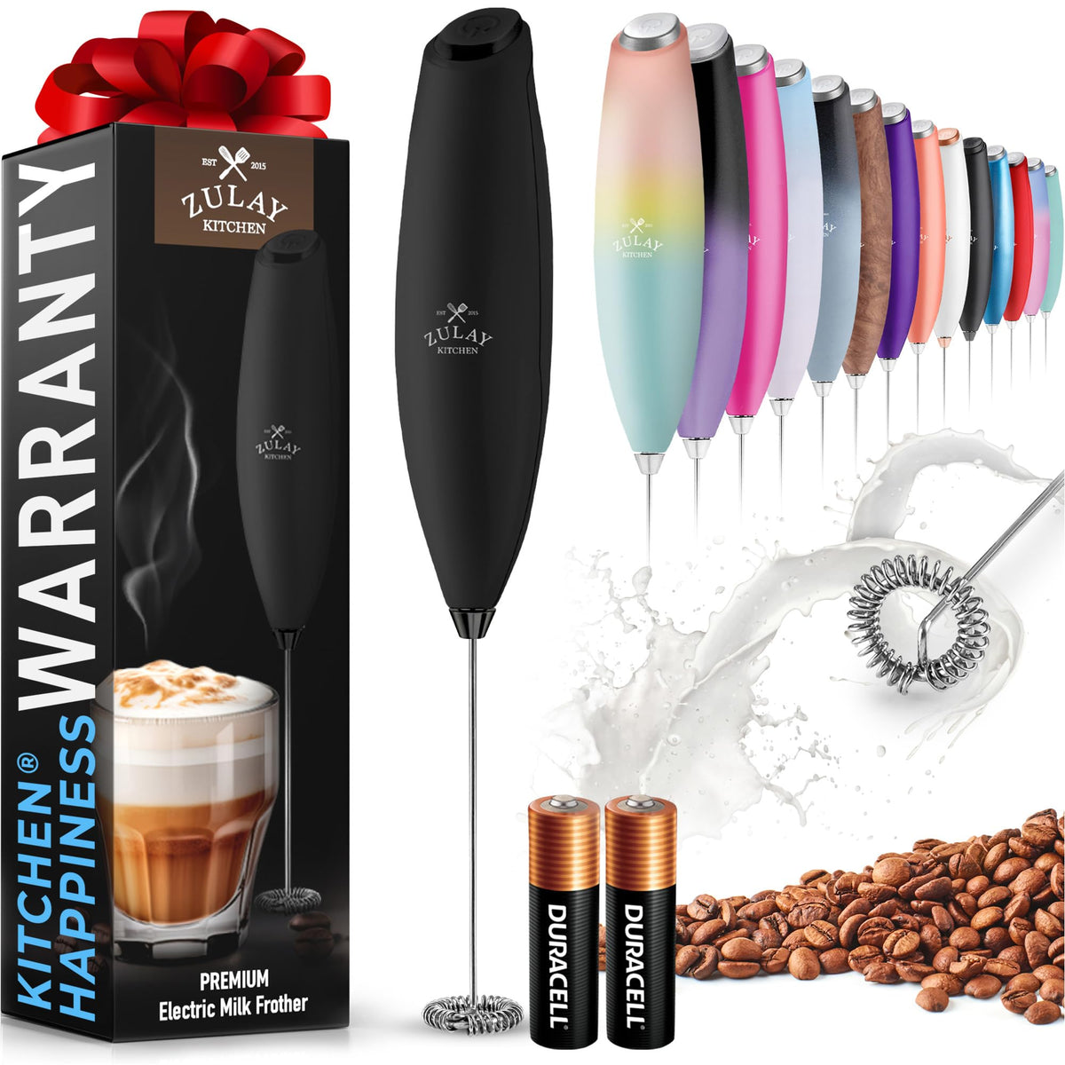 Zulay Rechargeable Milk Frother – 3-in-1 Handheld Frother Wand with Travel Case & USB-C Charger – Single, Double & Egg Whisk for Latte, Cappuccino, Matcha, Protein Shakes - Froth N Go Deep Black