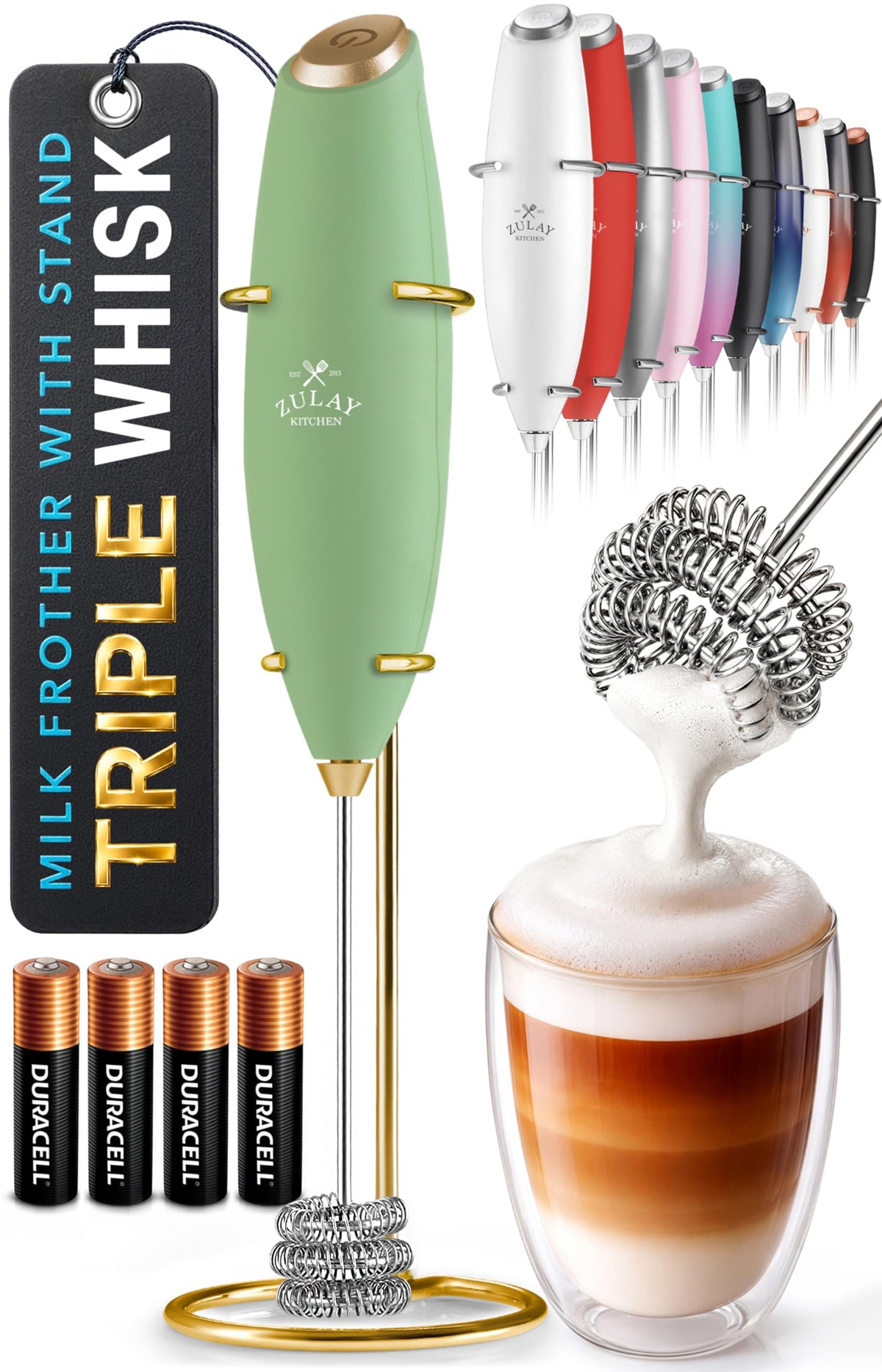 Zulay Kitchen Rechargeable Milk Frother Handheld - Frother Wand, Drink Mixer, Electric Whisk Frother, for Cappuccinos, Matcha & Protein Powder - Dynamic 3 Whisk, 3 Speed 500mAh Black