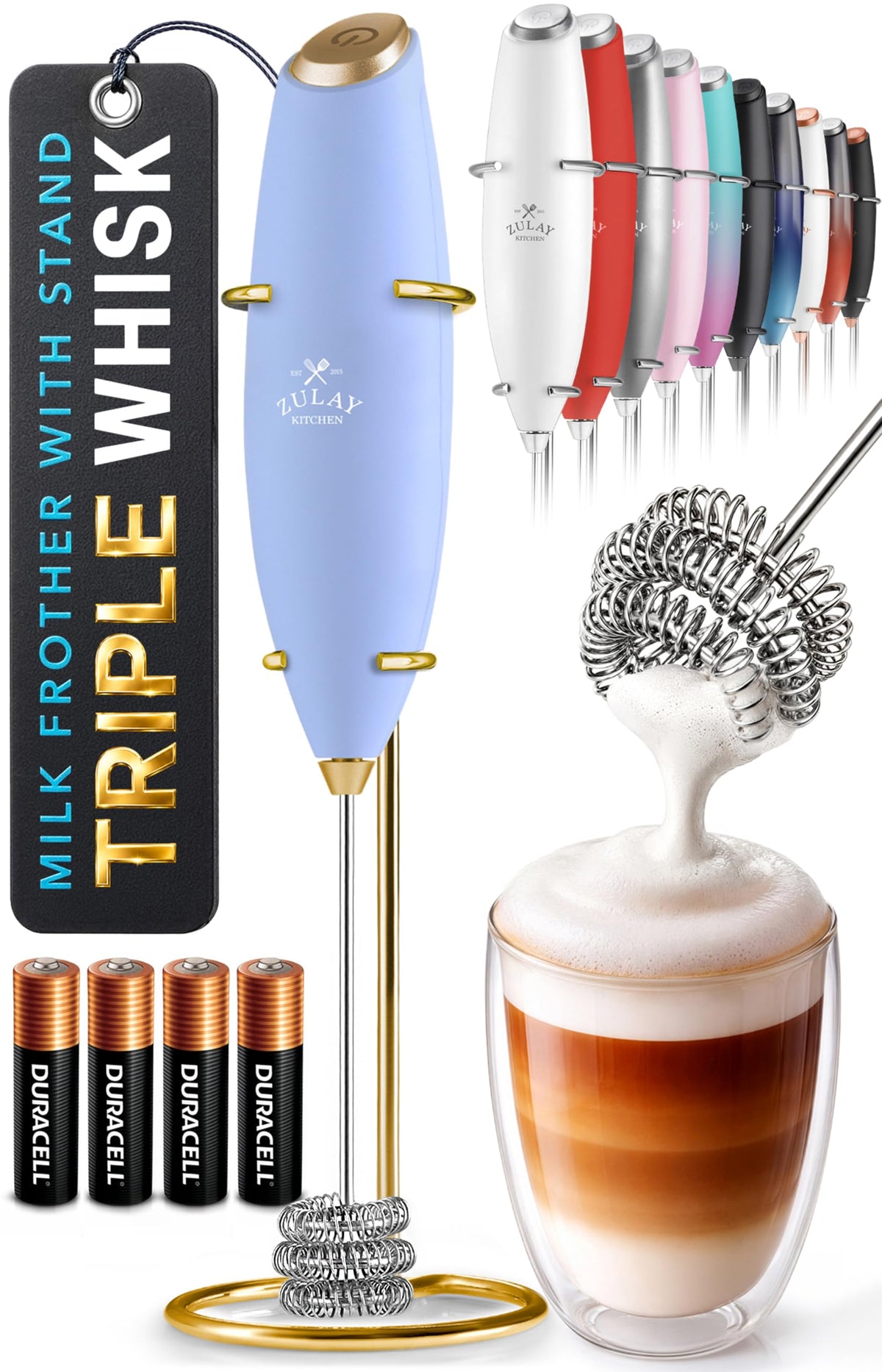 Zulay Kitchen Milk Frother Handheld Electric Whisk – Frother Wand, Durable Drink Mixer, Coffee Frother, Hand Blender, Frother for Protein Powder, Matcha & More - Black