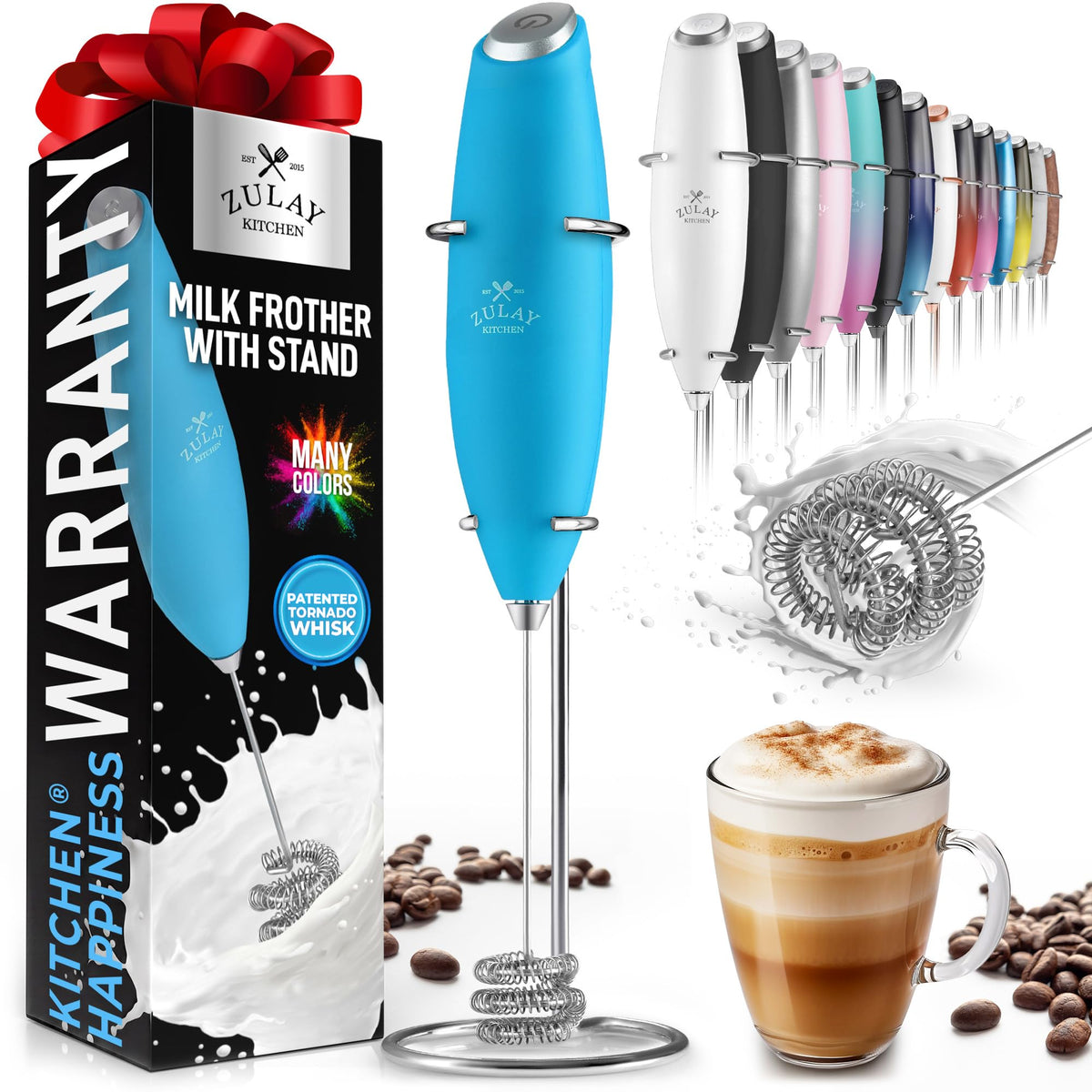 Zulay Rechargeable Milk Frother – 3-in-1 Handheld Frother Wand with Travel Case & USB-C Charger – Single, Double & Egg Whisk for Latte, Cappuccino, Matcha, Protein Shakes - Froth N Go Deep Black
