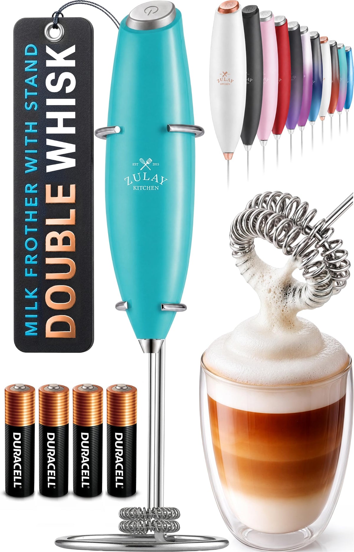 Zulay Kitchen Powerful Milk Frother Wand With Duracell Batteries - Ultra Fast Handheld Drink Mixer - Electric Whisk Foam Maker for Coffee, Lattes, Cappuccino & Matcha - Triple Whisk - Black