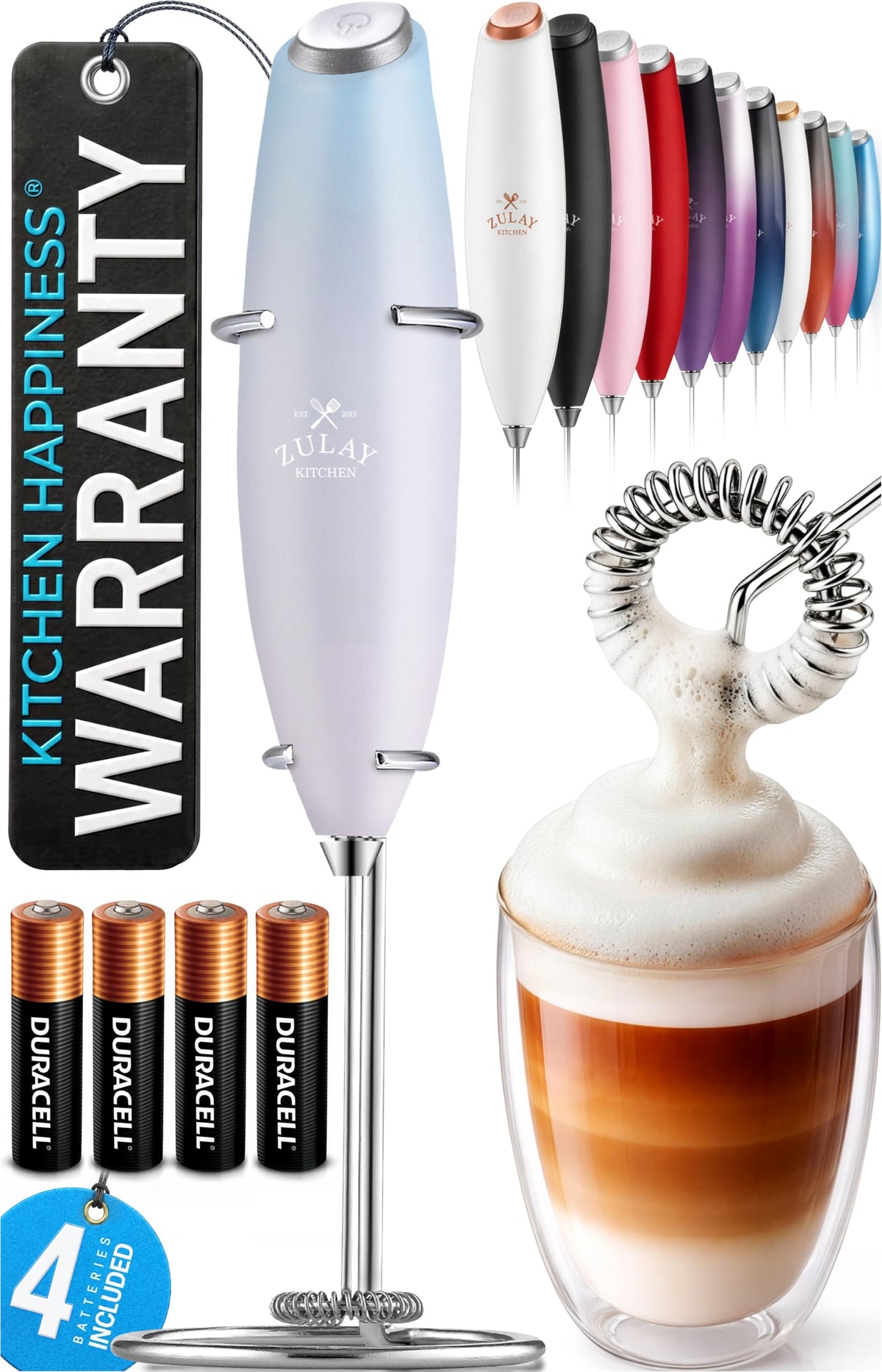 Zulay Kitchen Powerful Milk Frother Wand With Duracell Batteries - Ultra Fast Handheld Drink Mixer - Electric Whisk Foam Maker for Coffee, Lattes, Cappuccino & Matcha - Triple Whisk - Black