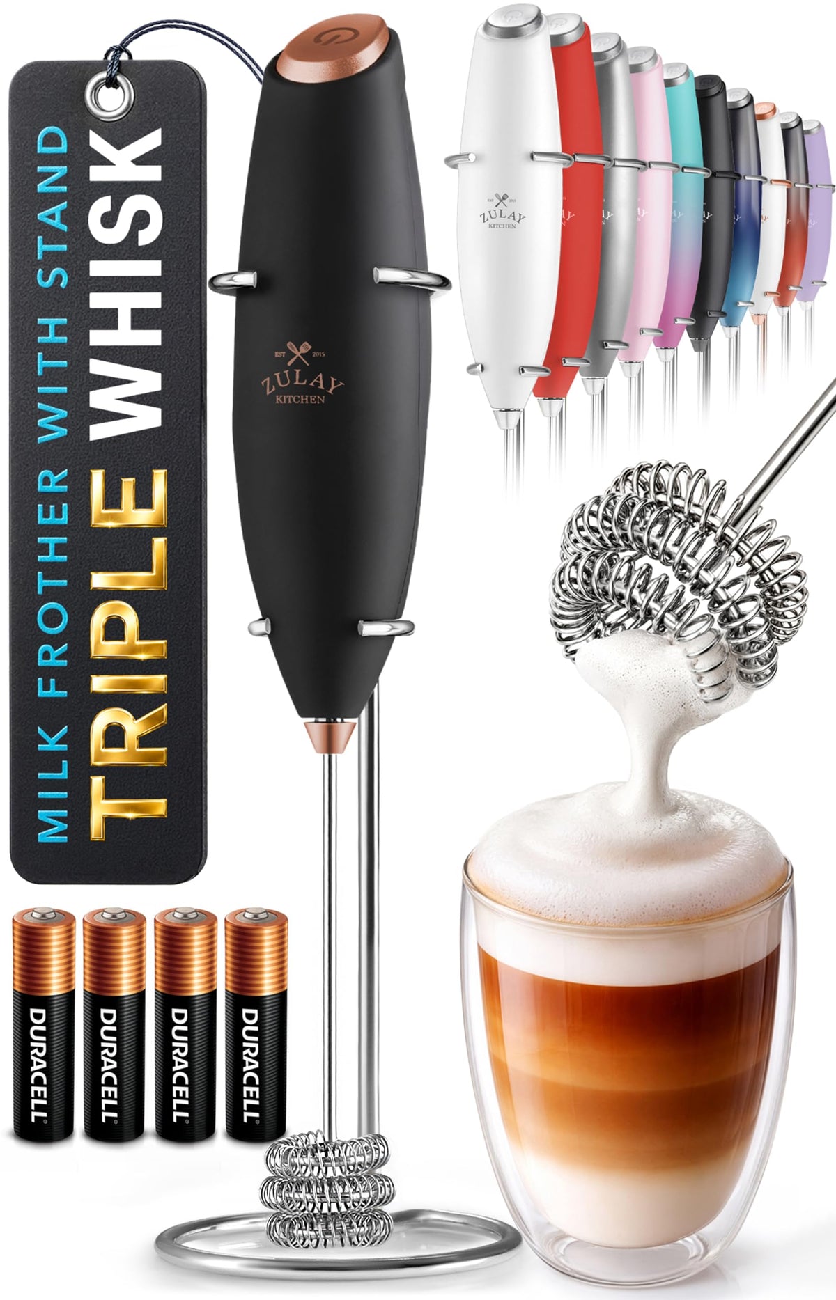 Zulay Kitchen Milk Frother Handheld Electric Whisk – Frother Wand, Durable Drink Mixer, Coffee Frother, Hand Blender, Frother for Protein Powder, Matcha & More - Black