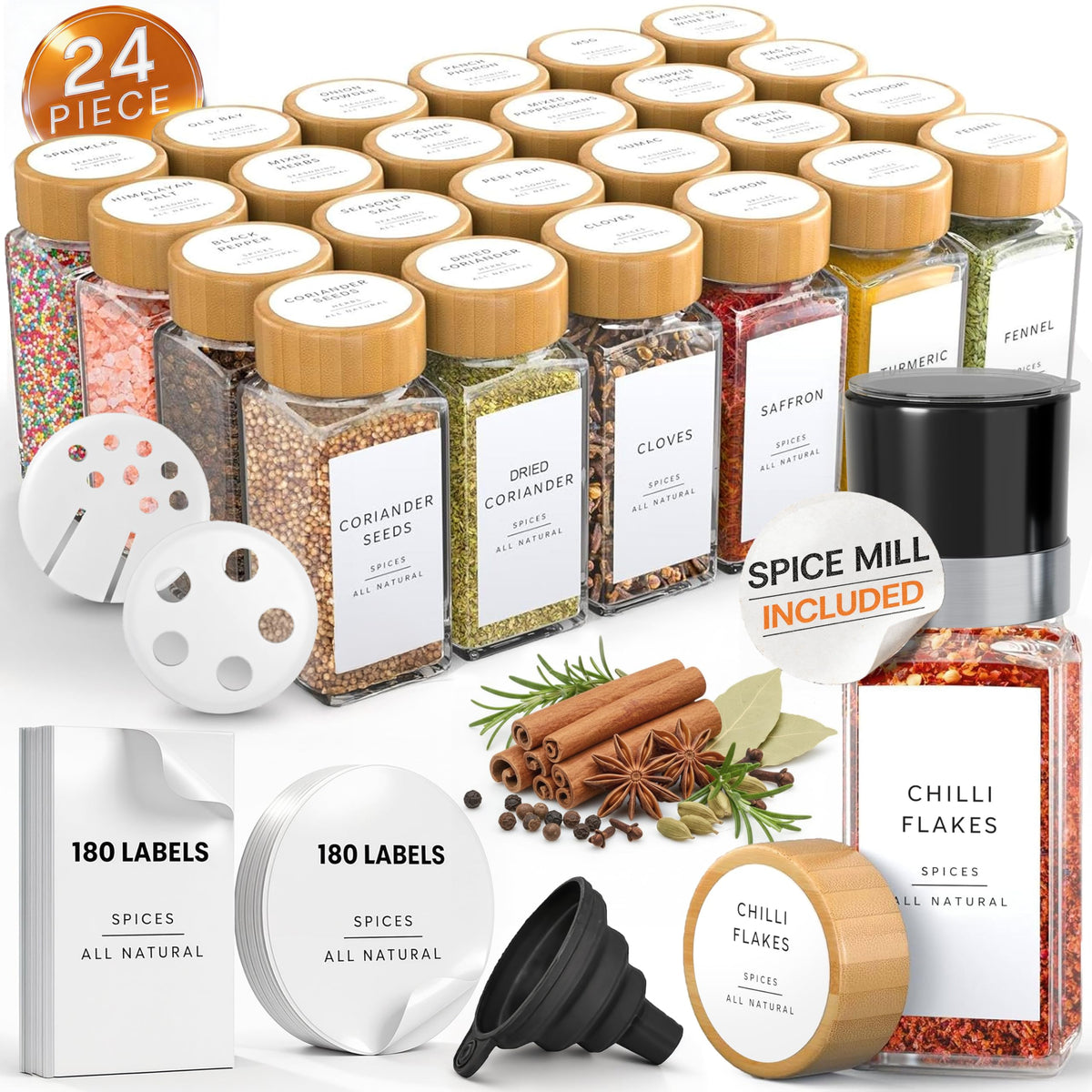 Glass Spice Jars with Labels-12 Pack- 6.8oz- 360 Labels- Spice Containers with Bamboo Lids -Spices Organization for Cabinet-Drawer-Rack-Seasoning containers-herbs- Organizer-Spices Bottles