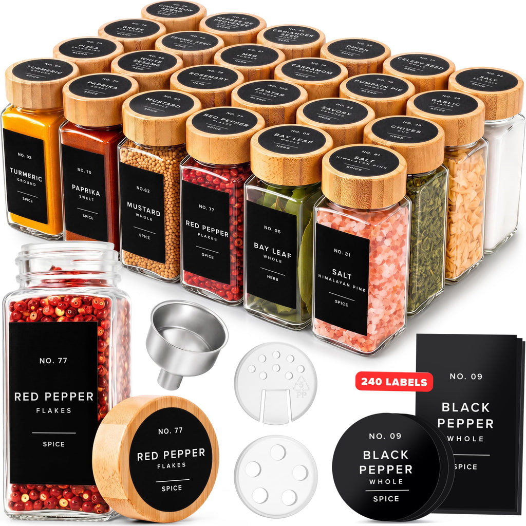 EDELHAUS Glass Spice Jars with Label, 36x Bamboo Wooden Lids - White Labels