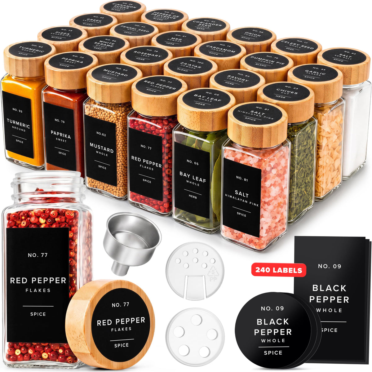 EDELHAUS Glass Spice Jars with Label, 36x Bamboo Wooden Lids - White Labels