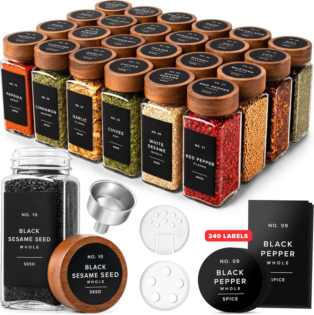EDELHAUS Glass Spice Jars with Label, 24x Acacia Wooden Lids - Black Labels