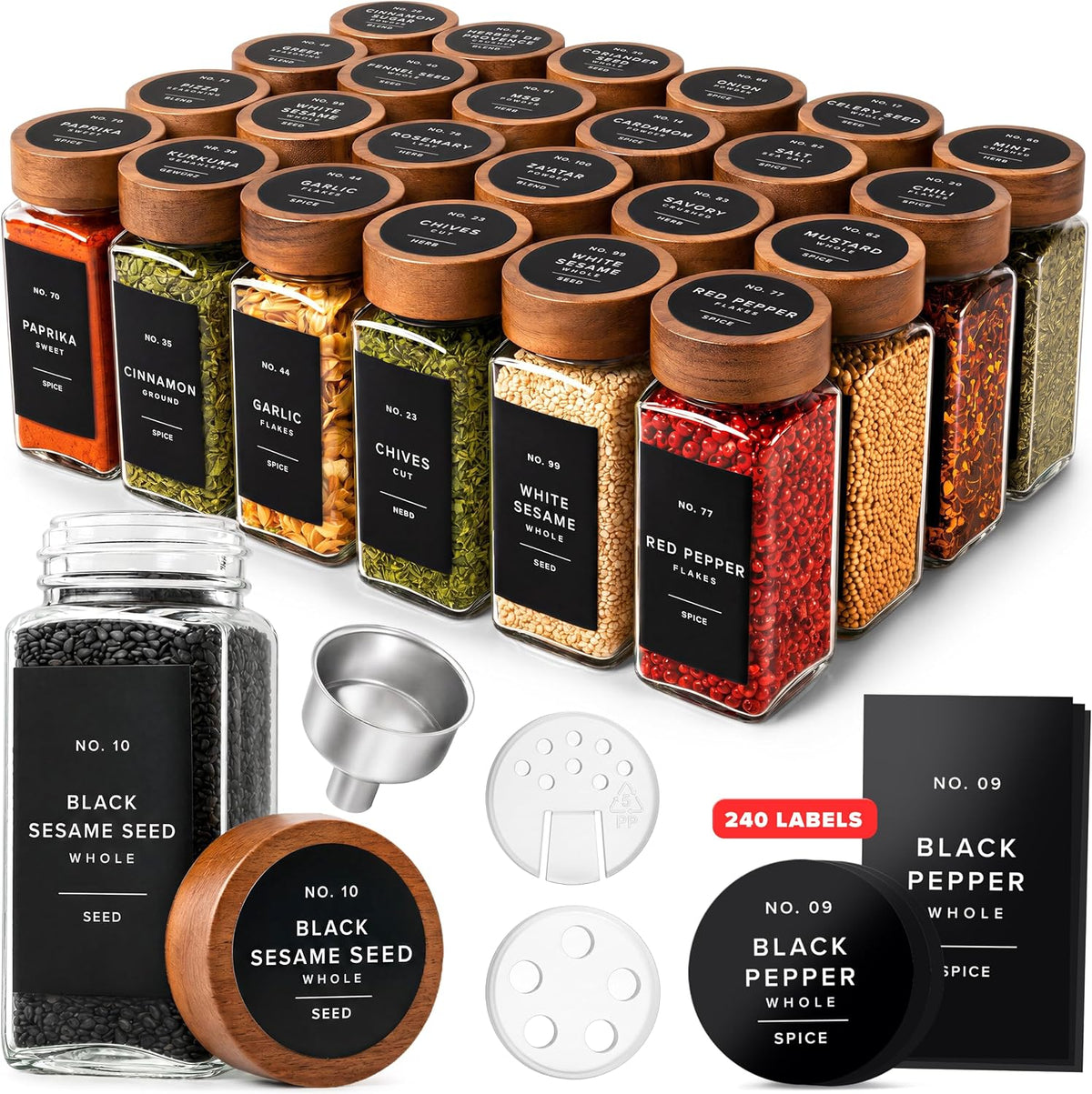 EDELHAUS Glass Spice Jars with Label, 24x Acacia Wooden Lids - Black Labels