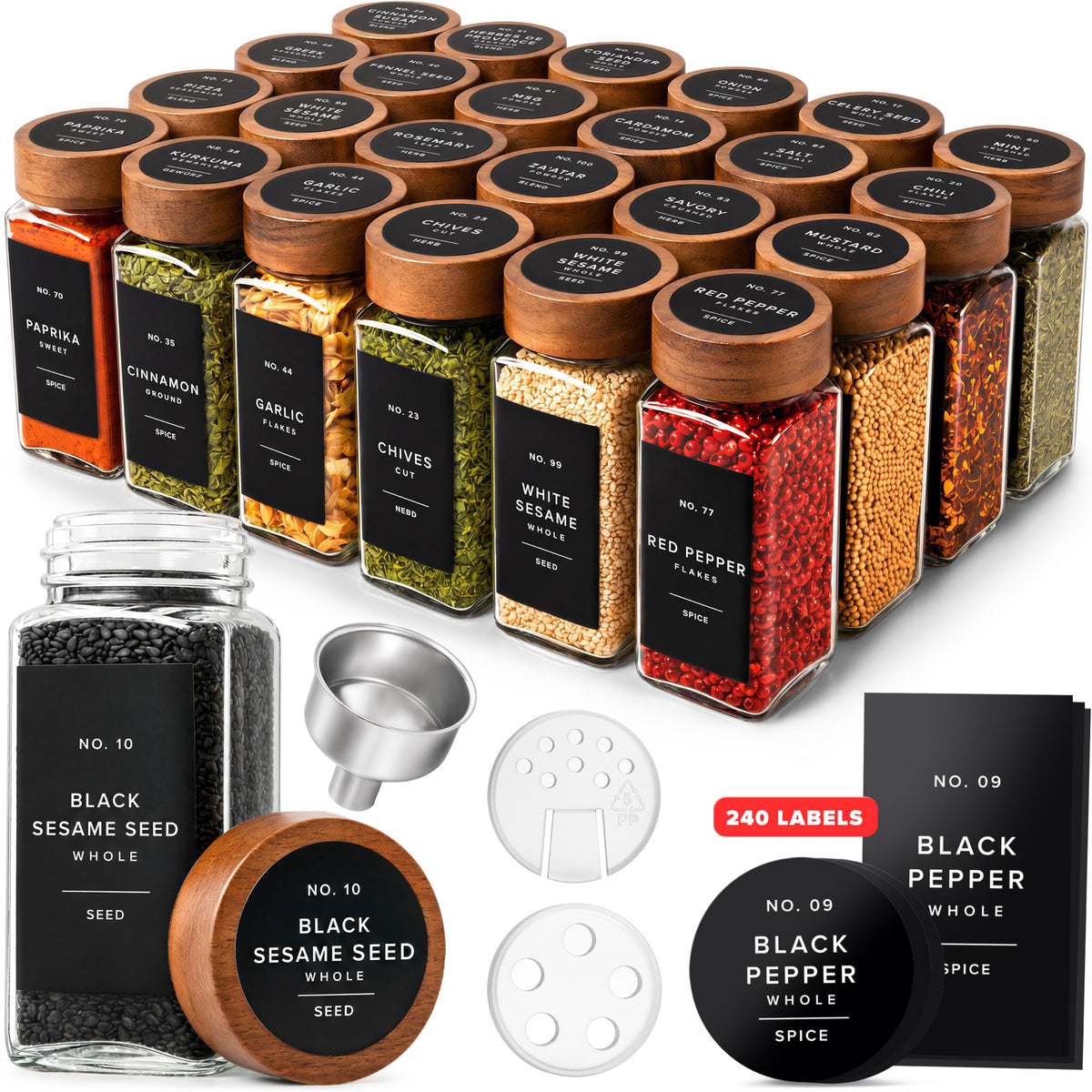 EDELHAUS Glass Spice Jars with Label, 24x Acacia Wooden Lids - Black Labels