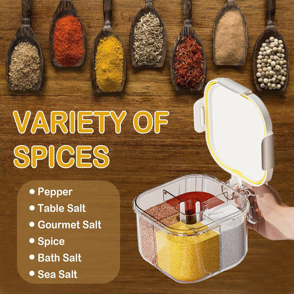 4-Compartment Clear Seasoning Box with Lids and Spoons, Airtight Condiment Organizer, Kitchen Spice Container Set for Salt, Sugar, Pepper (Transparent)