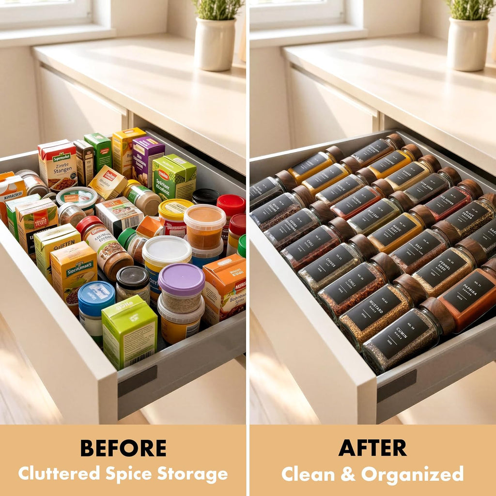 EDELHAUS Glass Spice Jars with Label, 24x Acacia Wooden Lids - Black Labels