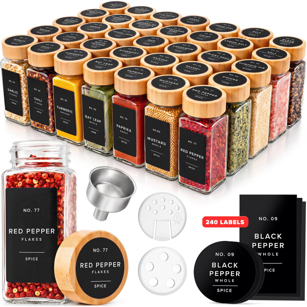 EDELHAUS Glass Spice Jars with Label, 36x Bamboo Wooden Lids - White Labels