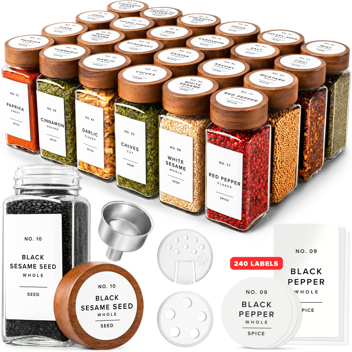 EDELHAUS Glass Spice Jars with Label, 24x Acacia Wooden Lids - Black Labels
