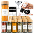 SAVVY & SORTED Glass Spice Jars with Label, 24PK Bamboo Jar Spices Set 4oz, 374 Spice Labels, Pepper Grinder, Empty Herb Seasoning Containers, Funnel and Shaker Lids